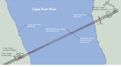 The Barnard Creek-Town Creek 230-kV underground line parallels the existing overhead circuits, using the existing easement crossing the Cape Fear River. The Town Creek and Barnard Creek switching stations were installed to manage the overhead-to-underground transition. The Barnard Creek-Town Creek 230-kV underground line parallels the existing overhead circuits, using the existing easement crossing the Cape Fear River. The Town Creek and Barnard Creek switching stations were installed to manage the overhead-to-underground transition.