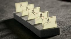 This five-cell metamaterial array developed by Duke engineers converts stray microwave energy, as from a WiFi hub, into more than 7 volts of electricity with an efficiency of 36.8 percent&mdash;comparable to a solar cell.