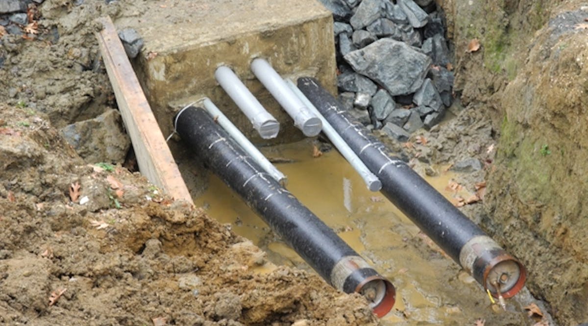 PVC conduits were installed at the 10 o&rsquo;clock and 2 o&rsquo;clock positions immediately outside the cable pipe for distributed temperature monitoring fibers. Temperature monitoring and communications fibers were placed in larger conduits located away from the cable pipes.