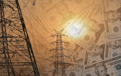 Composite representational image showing transmission towers in the foreground and dollar notes in the background Composite representational image showing transmission towers in the foreground and dollar notes in the background