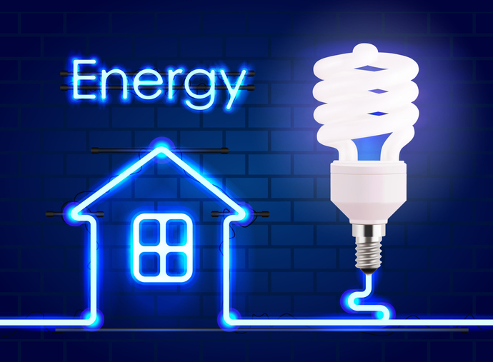 A representational image showing a lit bulb and a house drawn with light