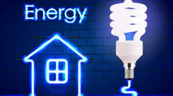 A representational image showing a lit bulb and a house drawn with light
