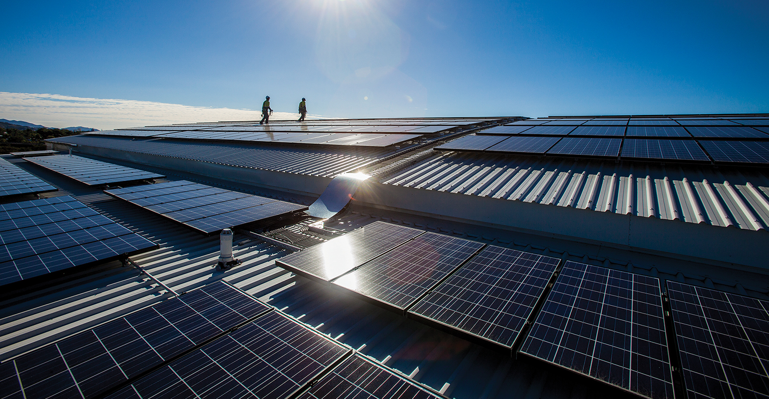 Two persons walk past an array of PV panels