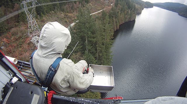 BC Hydro uses helicopter platform methods to perform barehand wire repair.