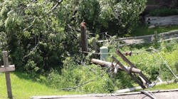 Straight-line winds snapped a utility pole in half during June thunderstorms in Minneapolis. Straight-line winds snapped a utility pole in half during June thunderstorms in Minneapolis.