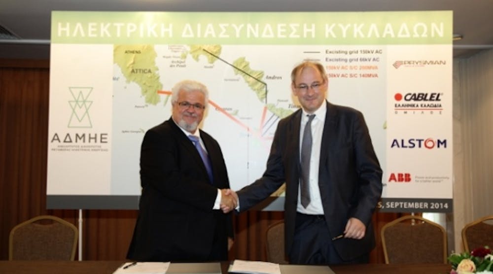 Giannis Giarentis, President &amp; CEO of IPTO (left) and Thierry Benassis, Managing Director Solutions Group Greece-Italy of Alstom Grid (right)