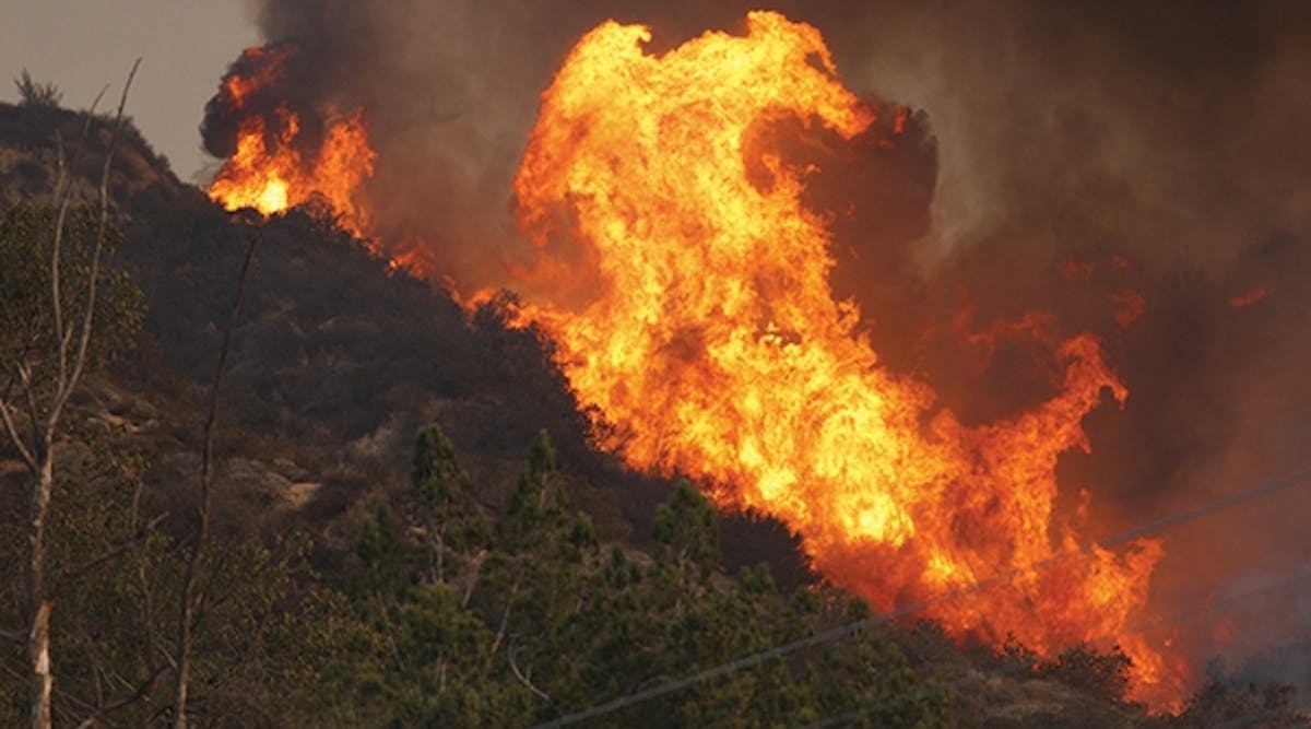 Jan. 16, 2014, a large wildfire burns out of control in the hills above Glendora, California. Firefighters, helicopters and aircraft from many jurisdictions work to control it. Courtesy of Digital Media Pro/Shutterstock.com.