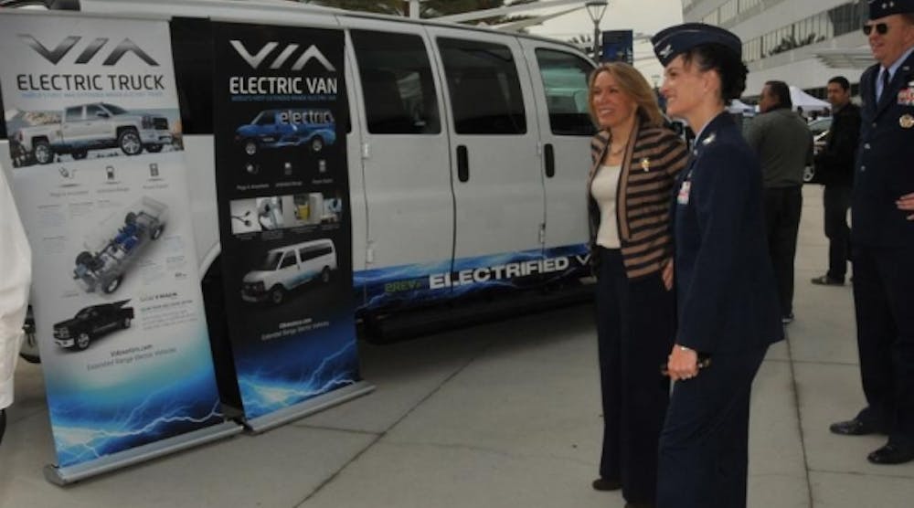 Assistant Secretary of the Air Force for Installations, Environment, and Energy Miranda A.A. Ballentine visits the Space and Missile Systems Center plug-in electric vehicle fleet unveiling at Los Angeles Air Force Base on Nov 14, 2014 with hosts SMC Vice Commander Maj. Gen. Robert McMurry and 61st Air Base Group commander Col. Donna Turner (pictured on right). The all-electric/hybrid fleet is the first of its kind in the Dept. of Defense and will serve as a year-long test for expansion throughout the DoD. (U.S. Air Force photo by Sarah Corrice) (PRNewsFoto/Los Angeles Air Force Base)