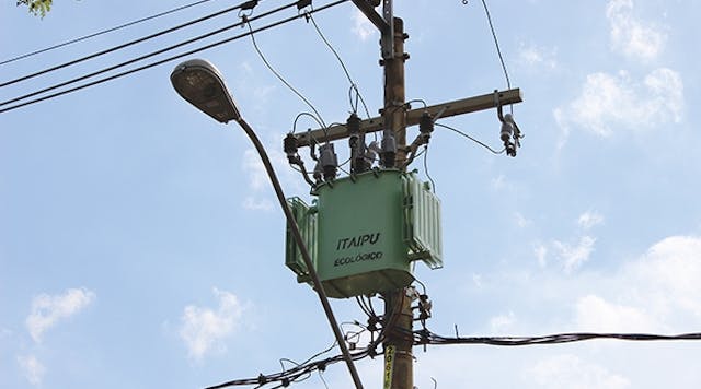 This is an example of a 45-kVA size-rated 75-kVA green transformer in a typical pole-mounted CPFL installation.