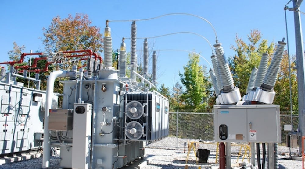 Equipment in the new Ohio Edison Bath Substation includes a transformer (middle) and a circuit breaker (right) that are used to convert the power that comes into the substation through a nearby transmission line to a voltage that can ultimately be used by customers.