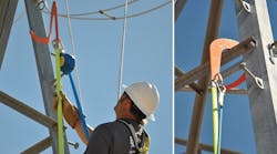 Upper Great Plains lineman Shayne Bender demonstrates how to use a buck hook with a self-retracting lanyard to ascend a steel lattice tower at fall protection training in Mead substation.
