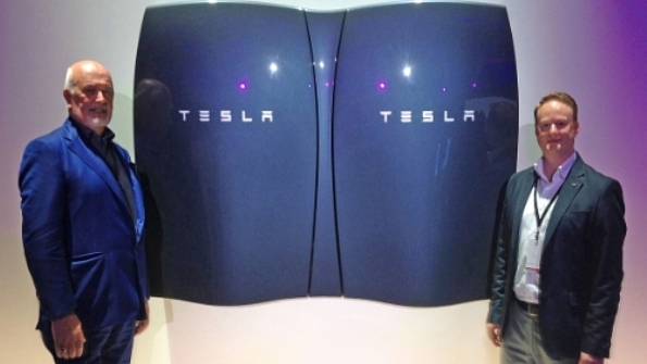 Pictured left to right at the recent launch event of the Tesla Powerwall home battery system in California are Gaelectric Group CEO Brendan McGrath and Gaelectric Head of Energy Storage Keith McGrane