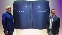 Pictured left to right at the recent launch event of the Tesla Powerwall home battery system in California are Gaelectric Group CEO Brendan McGrath and Gaelectric Head of Energy Storage Keith McGrane