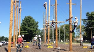 Student line workers train in the new climbing yard at Potomac Edison&rsquo;s PSI training facility in Williamsport, Md. The new climbing yard is part of a brand new $800,000 training facility.