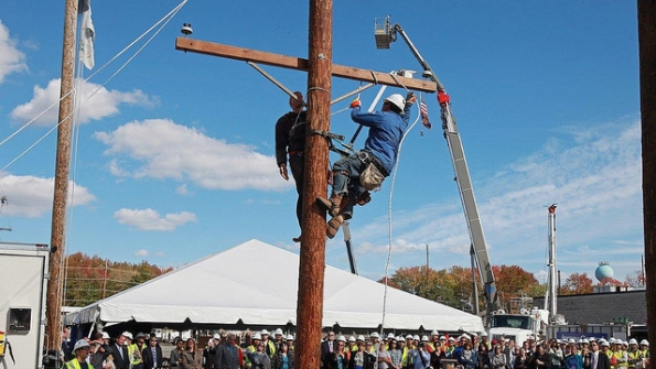 Those attending the New Jersey Careers in Utilities Week event at Jersey Central Power Lights Farmingdale training center saw pole climbing demonstrations by students in the Power Systems Institute line worker training program an aerial saw demonstration and a demonstration of the Bronto aerial truck able to reach nearly 200 feet in the air
