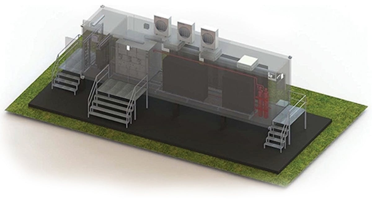 The electrical energy storage system as presented in a 3-D layout. The fully enclosed air-conditioned container will house three winding medium-/low-voltage transformers, four three-phase inverter/converter units and the eight lithium battery rack modules.