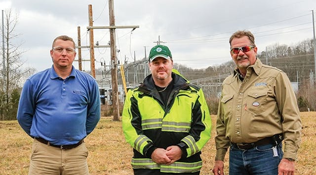 From the left, Travis Profitt, ORNL electrical utilities planner; Andrew Bush, ORNL safety services division; and Tony Boyd, instructor from the Institute for Safety in Powerline Construction, oversee Group Training Day.