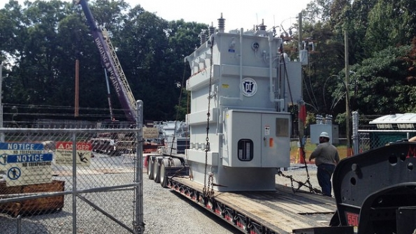 The first of two new transformers is delivered to a Potomac Edison distribution substation near Mt Airy