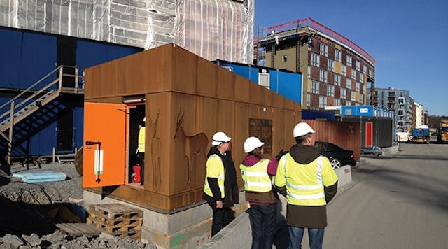 At the medium-voltage /low-voltage Stor&auml;ngstorget substation, the exterior walls of the building are covered with Corten sheets, which become naturally rusty over time. Some of the other new buildings in the area also have facades of Corten sheets.