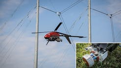 This Pulse Aerospace Vapor 55 unmanned aerial vehicle with a Riegl VUX-1 LiDAR sensor (inset) is used for Empire District Electric vegetation management operations.