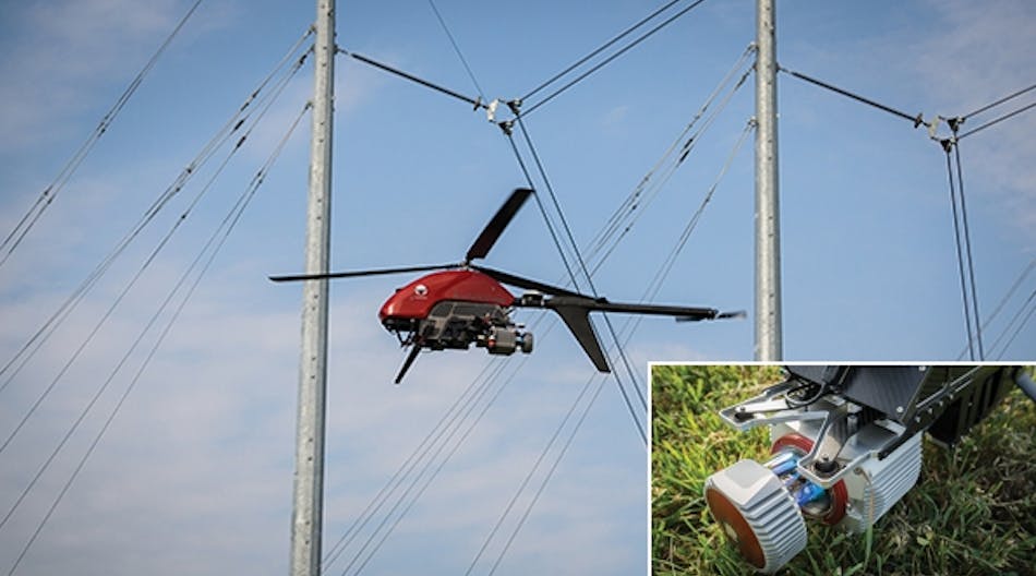 This Pulse Aerospace Vapor 55 unmanned aerial vehicle with a Riegl VUX-1 LiDAR sensor (inset) is used for Empire District Electric vegetation management operations.