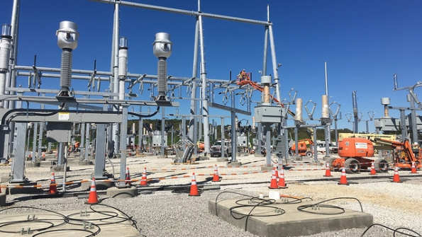 Construction crews install bus work at a new FirstEnergy transmission substation in Smith Township Washington County Pa