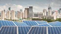 solar panels in front of city solar panels in front of city