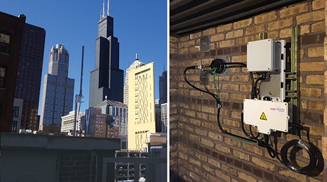 To ensure communication of smart meters at Willis Tower, ComEd installed an AP antenna (shown to the left of Willis Tower in the left photo), which communicates with the access points at ComEd&rsquo;s Plymouth substation in Chicago (right).