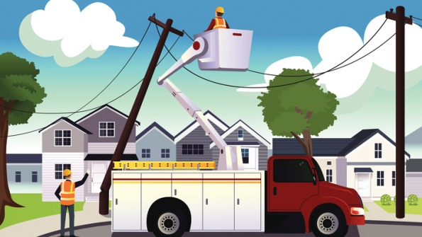 illustrated linemen working on power lines