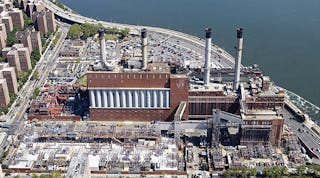 The East 13th Street substation is seen in the foreground, in front of the East River generating station, near FDR Drive and the East River.