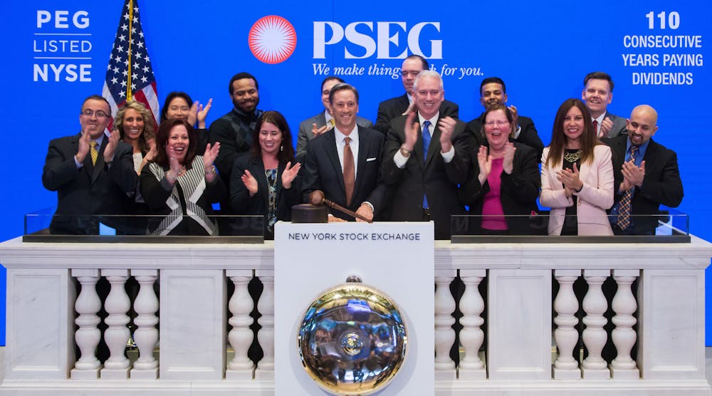 Dan Cregg, CFO, PSEG and employees commemorate the 110th consecutive year of PSEG providing a common dividend to its shareholders at the Closing Bell of the New York Stock Exchange.