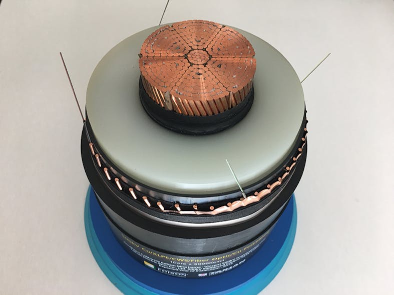 A 5000-kcmil segmental copper XLPE cable with laminate copper sheath and embedded optical fiber.