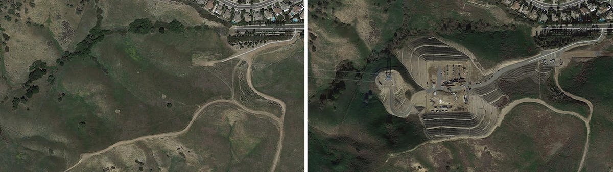 More than 170,000 cubic yards of cut and 60,000 cubic yards of fill were needed at the Western Transition Station, shown in before (left) and after (right) aerial photos.