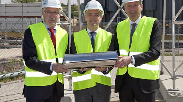 Groundbreaking ceremony in Nuremberg at May 10th: G&uuml;nter Willbold, Siemens Real Estate, Mirco D&uuml;sel, CEO of the Siemens Transmission Solutions Business Unit, and Mayor Ulrich Maly (from left to right)