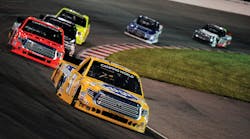 Todd Gilliland (51) Toyota Tundra leads a group of trucks through turn four during the NASCAR Camping World Truck Series Drivin&rsquo; for Linemen 200 on June 17, 2017, at Gateway Motorsports Park in Madison, Illinois.