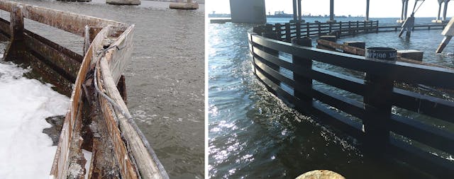 Dominion Energy replaced a fender protection system constructed in 1968 of marine-grade, corrosion-resistant steel H-piles and wales (left) with a new fender system made of fiberglass material.