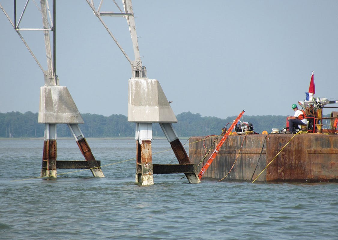 Horizontal braces are used on the H-pile installations on five tower locations in water that ranges from 25 ft to 40 ft deep.
