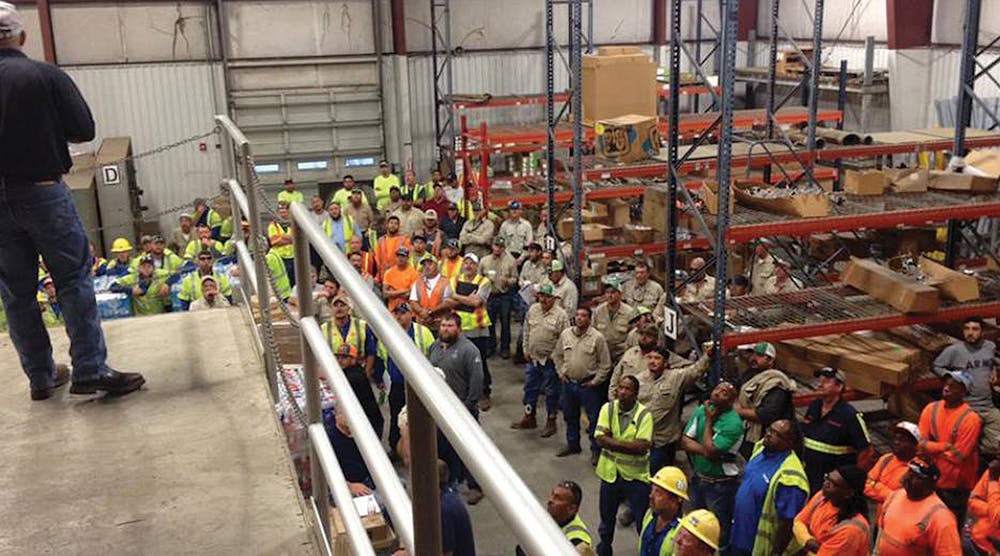 Utility personnel gathered in staging areas for safety briefings, work assignments and to restock their trucks for the day&rsquo;s work.
