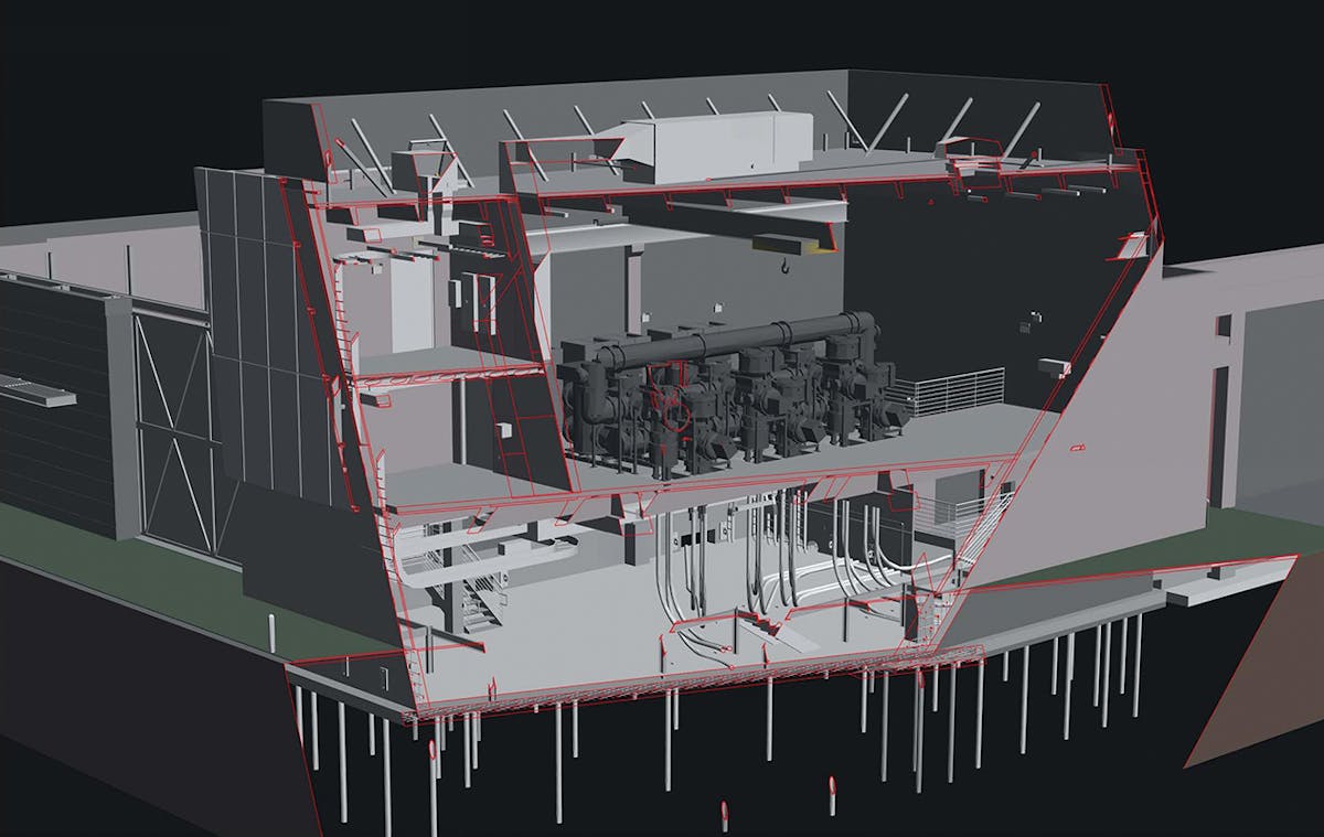 A 3-D cross-section of the enclosure model shows equipment rooms, GIS bay, high-voltage cable transitions and helical piles.