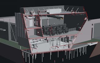 A 3-D cross-section of the enclosure model shows equipment rooms, GIS bay, high-voltage cable transitions and helical piles.