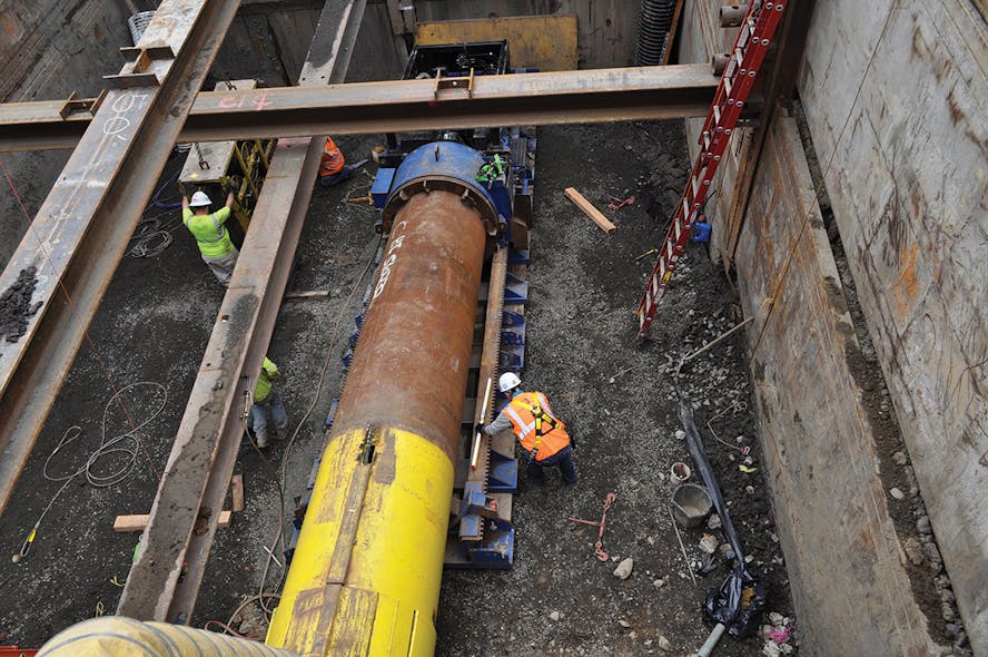 Crews complete a 4-ft-diameter bore under I-405, which will be used to connect the Marquam substation to PGE&rsquo;s distribution system.