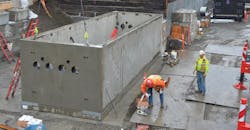 Precast concrete cable splicing vaults were installed on both sides of the Willamette River. This vault was on the west side of the Tilikum Crossing Bridge.