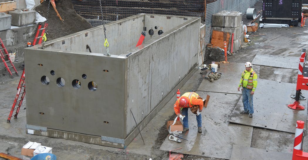 Precast concrete cable splicing vaults were installed on both sides of the Willamette River. This vault was on the west side of the Tilikum Crossing Bridge.
