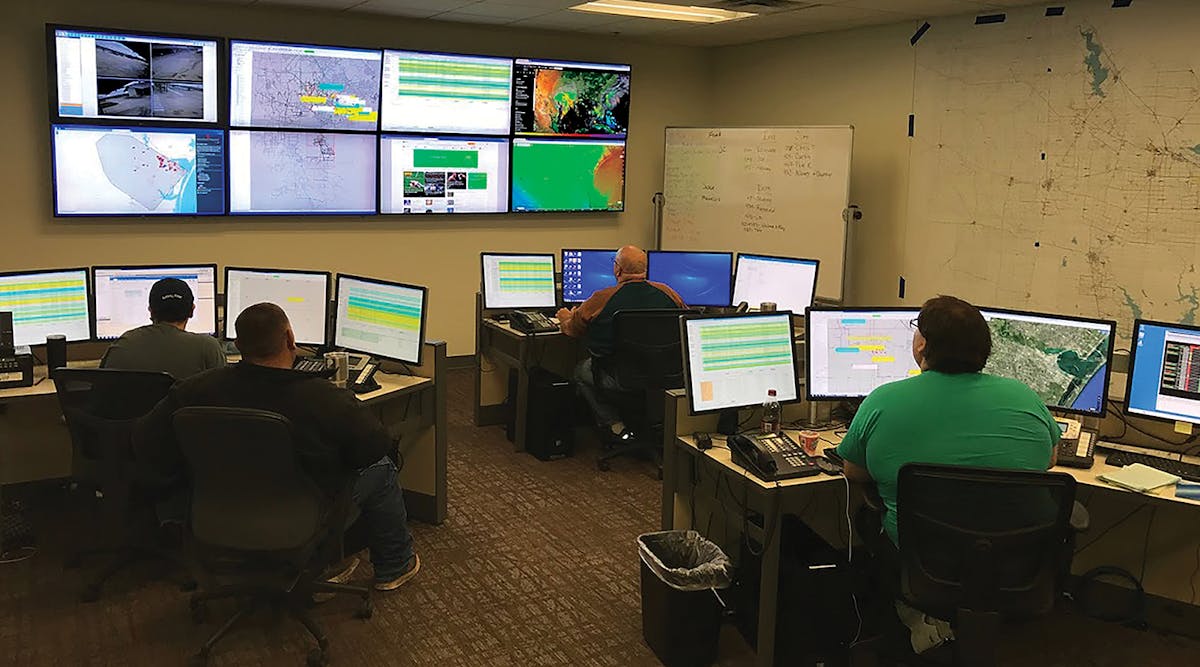 In the control room, Nueces Electric Cooperative dispatchers and the line superintendent monitor area outages to ensure crews are being sent to outages affecting the largest number of customers first.