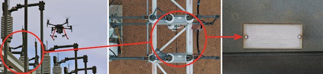 A UAS maneuvers into position over energized distribution switches inside a substation in the Denver metropolitan area to capture high-resolution images of top-mounted switch nameplates, which are visible from this perspective as small rectangles between the insulators.