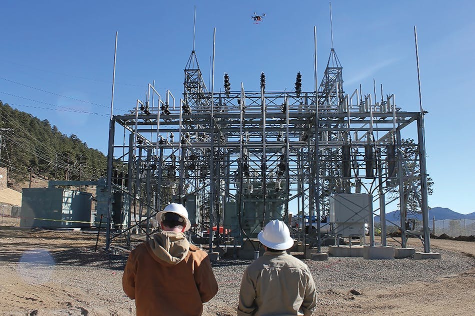 Substation specialists from Xcel Energy and EDM International perform a UAS operation inside an energized substation in the Denver, Colorado, U.S., metropolitan area. Using UAS can be safer, more cost effective and more efficient than traditional methods to gather substation data.