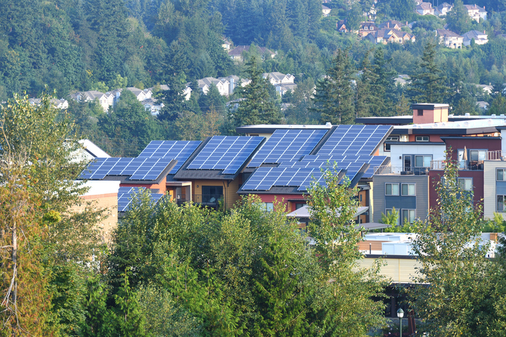 Townhomes with Modern Solar Panels on Roof