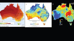 Proximity of alternative interconnector routes to Australia&rsquo;s renewable energy resources: global horizontal irradiation (A), wind speed at 80 m (262 ft) above-ground level (B) and geothermal temperature (C).