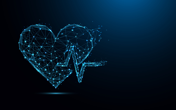 Abstract heart beat form lines and triangles, point connecting network on blue background. Illustration vector