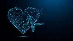 Abstract heart beat form lines and triangles, point connecting network on blue background. Illustration vector